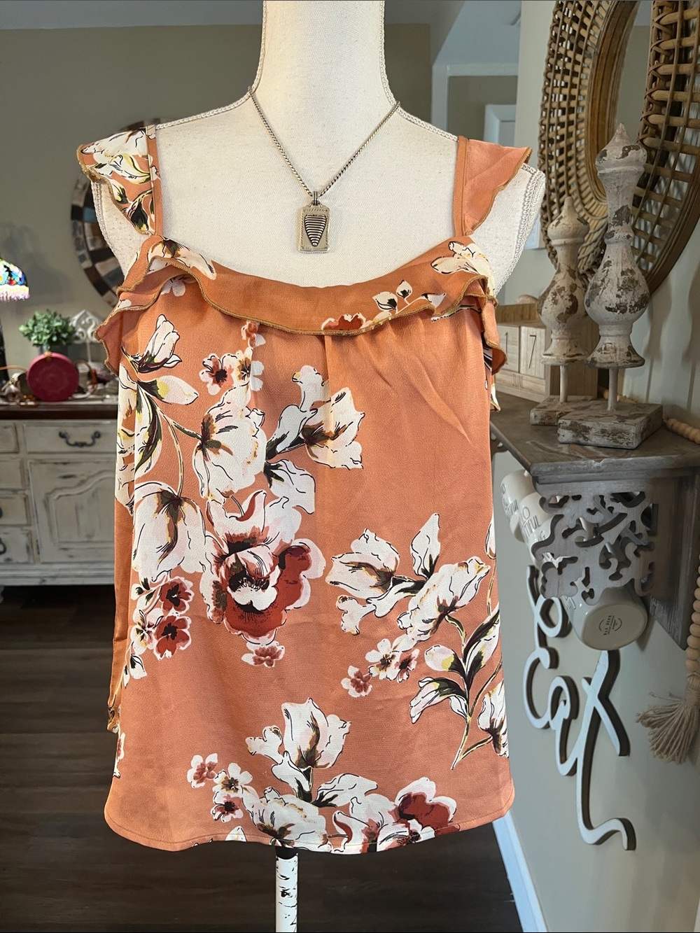 bishop + young Rust Floral Ruffle-Trim Camisole